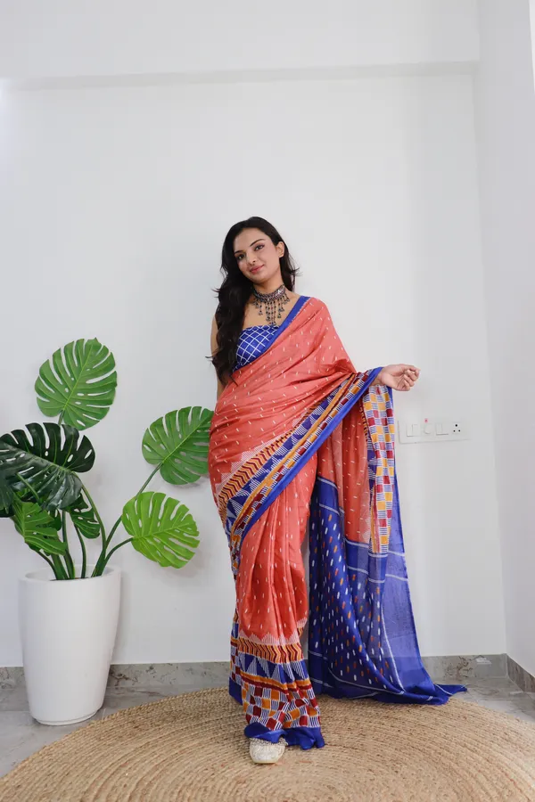 HANDICRAFT_WOMEN'S_Ikkat_PRINT_PURE_SOFT_COTTON_SAREE_WITH_BLOUSE_PIECE_With_Blouse_Piece
